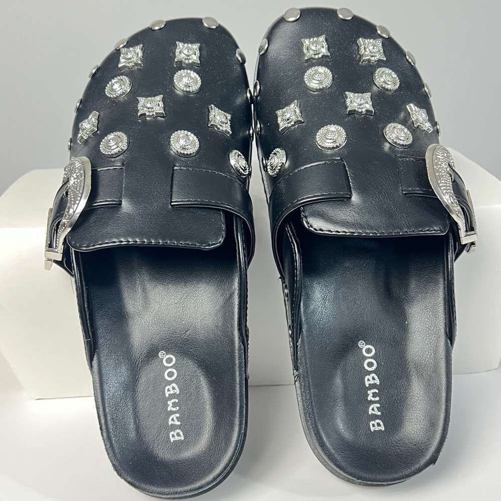 BAMBOO Black Mules with Silver Studs - Picture 2 of 3